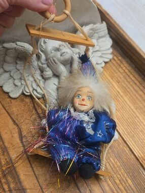 Blue Clown Ornament with Tinsel Trim